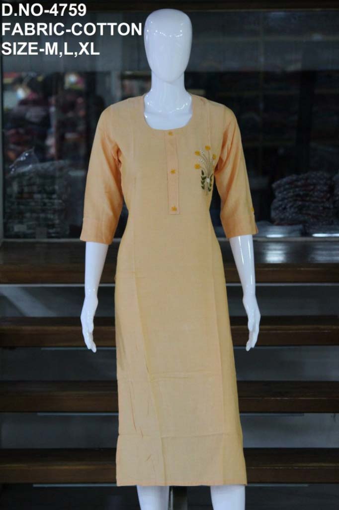 Buy Online - Idhika Light Orange Cotton Embroidered Kurti